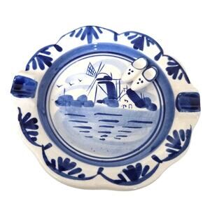 Vintage Delfts Blue White Windmill Ashtray Clogs on Edge Hand Painted Dutch